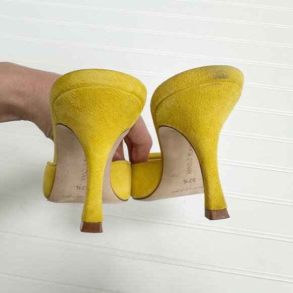 Manolo Blahnik Maysale Yellow Suede Mule Slip-On Kitten Heel Pumps 37.5 Buckle - Picture 5 of 8